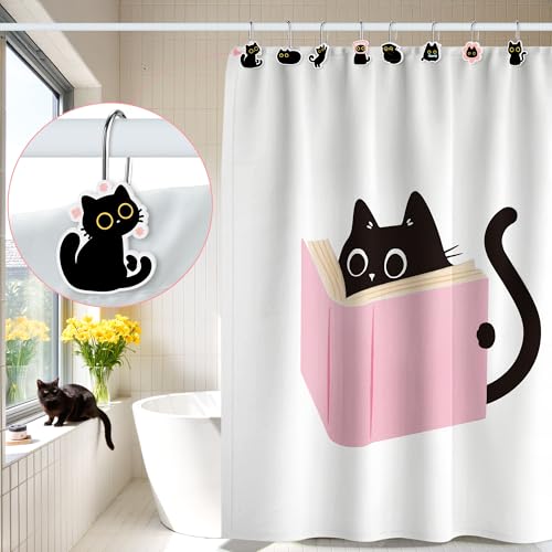 MALLMALL6 12-Piece Black Cat Shower Curtain Hooks - Rustproof Decorative Rings