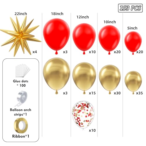 Red and Gold Balloon Garland Arch Kit with Stars - 153 Pcs