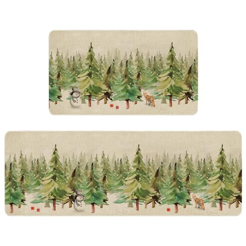 2025 Christmas Kitchen Rugs Set of 2 - Snowy Forest Deer Fox Snowflake Decor