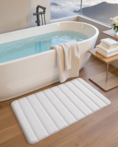 Color&Geometry White Bathroom Rug 17x30 inches, Non-Slip Microfiber Bath Mat