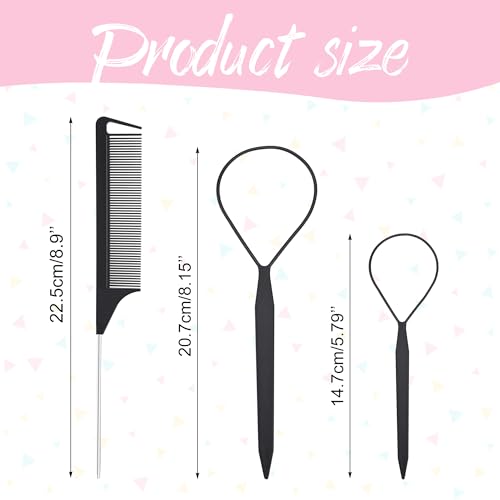 Quacc 3-Piece Topsy Tail Hair Styling Tool Set with Tail Comb, Black