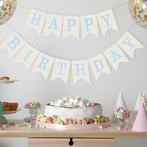 Blue Burlap Happy Birthday Banner Sign for Wall & Door Decoration - No Assembly Needed