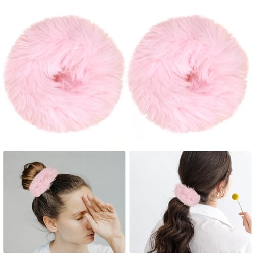 Light Pink Faux Fur Hair Scrunchies Set – Soft Fuzzy Hair Ties for Thick Hair (2 Pack)