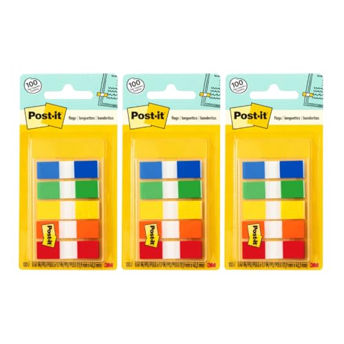 Post-it Flags, Assorted Colors, 0.47 x 1.7 Inch, 3 Pack (300 Total Flags)
