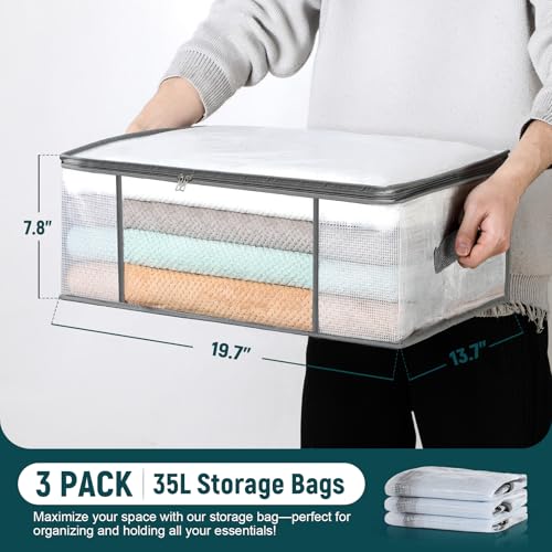 LANDNEOO 3-Pack Foldable Clothes Storage Bags 35L Closet Organizer with Handles