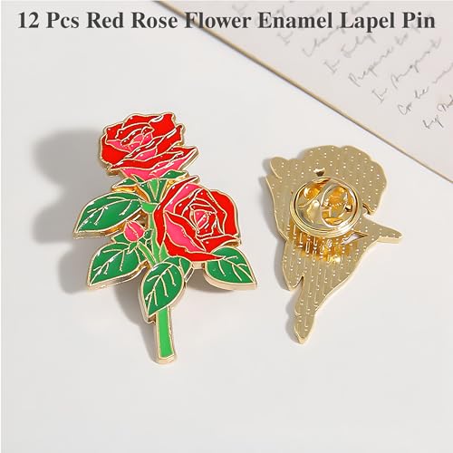 Red Rose Flower Enamel Lapel Pin - 12 Pack Metal Badge Brooch
