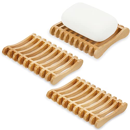 Bamboo Soap Dish Set - 3 Self-Draining Holders for Bathroom & Kitchen