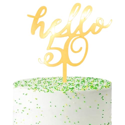 Gold Hello 50 Cake Topper - Elegant Acrylic Birthday Decoration