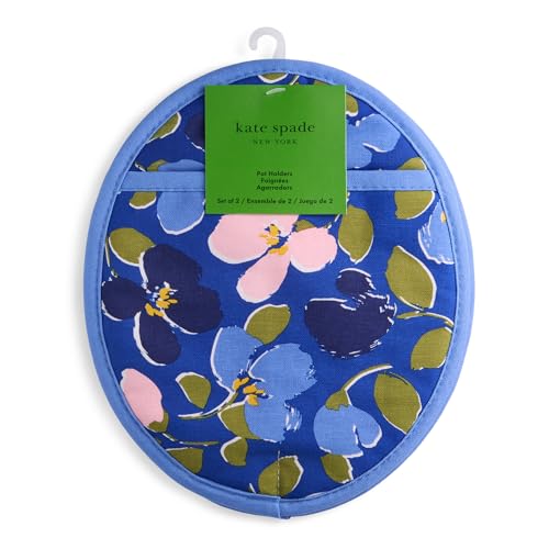 Kate Spade New York Painterly Bouquet Pot Holder 2-Pack Set, Heat Resistant, 100% Cotton with Printed Non-Slip Silicone Grip, Blue/Green/Rose, 8"X10"