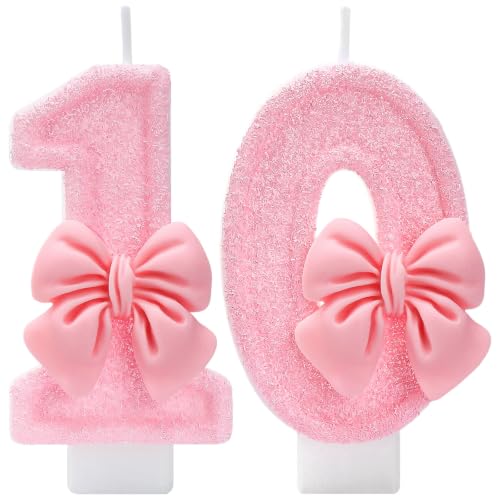 LASILE Pink Bow Number 10 Birthday Candle 3.4 Inch Glitter Cake Topper Girl Party Decor