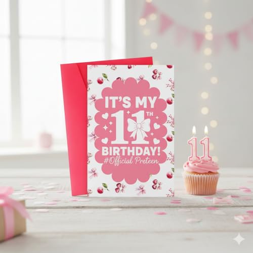 Cute Pink 11th Birthday Card for Girls with Bow & Envelope