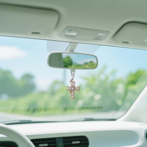 Zpana Bling Crystal Rhinestone Cross Car Rearview Mirror Ornament