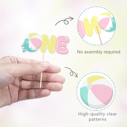 24 Pcs Pink Beach Ball Cupcake Toppers for 1st Birthday
