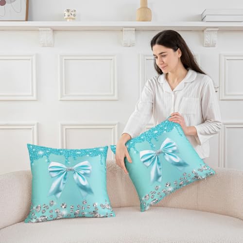 Erosebridal Teal Bowknot Throw Pillow Covers, 18x18 Inch Square Set of 2