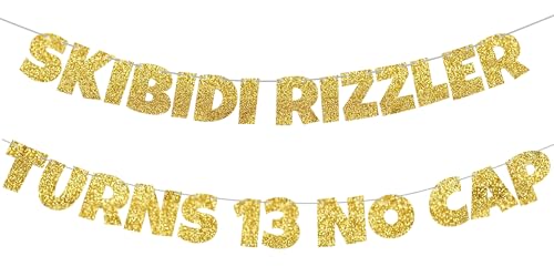 Skibidi Rizzler Turns 13 No Cap Banner - Glitter Birthday Decor