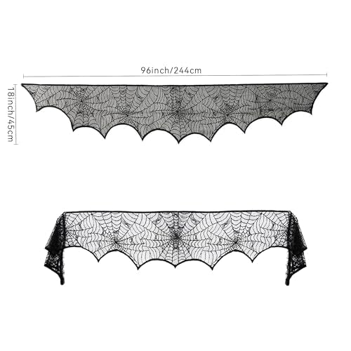 Halloween Black Lace Spiderweb Mantel Scarf - 18x96 Inch Decor