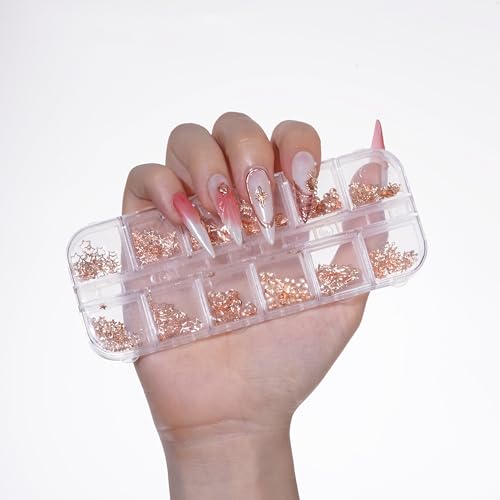 BUNNIEBEAUTY Rose Gold Nail Charms Kit with Star and Moon Shapes, Tweezers, and Pick-Up Pencil
