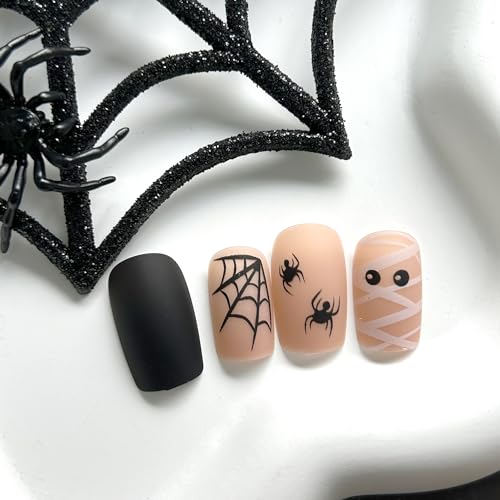 KKUUOO Halloween Press on Nails Cute Ghost & Spider Web Square False Nails