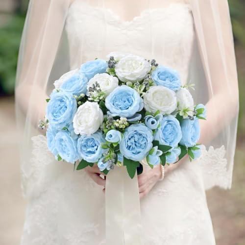 Mixed White Blue Artificial Peonies - 2 Pack Silk Flowers