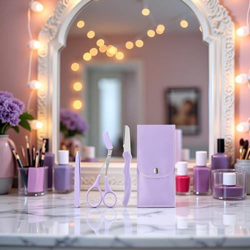 3 Pcs Purple Eyebrow Scissor Trimmer Razor with PU Leather Case