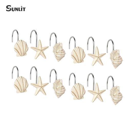 Ocean Theme Shower Curtain Hooks - Pearlescent Seashells & Starfish (12 Pack) by Sunlit