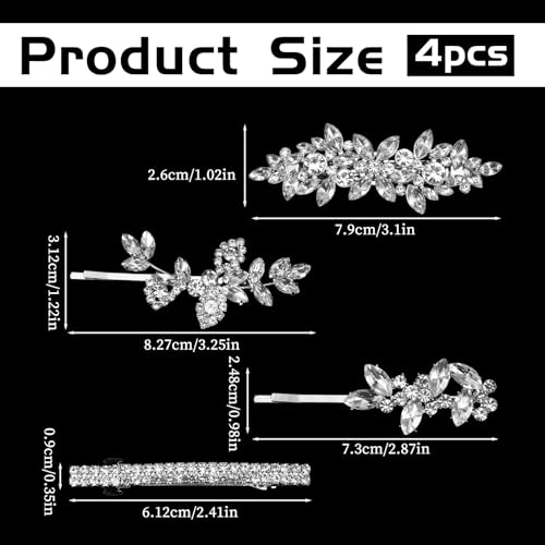 YBEATY 4 Pcs Rhinestone Leaf Hair Pins Silver Crystal Bridal Barrettes