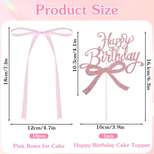 18PCS Pink Bow Cake Toppers with Happy Birthday Topper