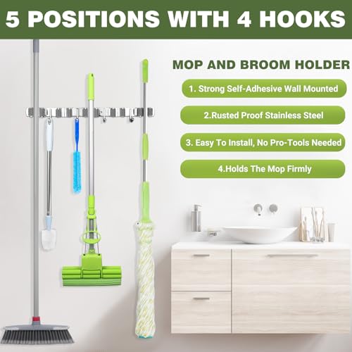 UNIFUN Stainless Steel Broom Holder Wall Mount with 5 Racks & 4 Hooks