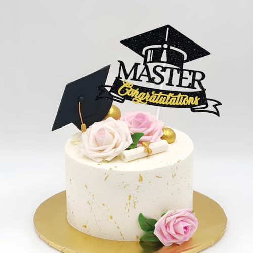 Black Glitter Graduation Cake Topper - Congrats Grad Decoration