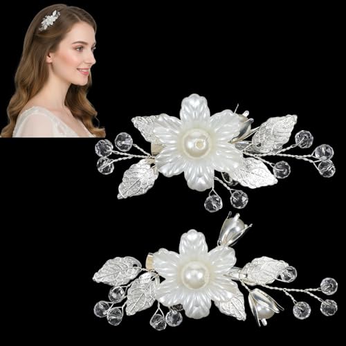 Pearls Flower Hair Clips Rhinestone Bridal Hair Pins 2 Pack