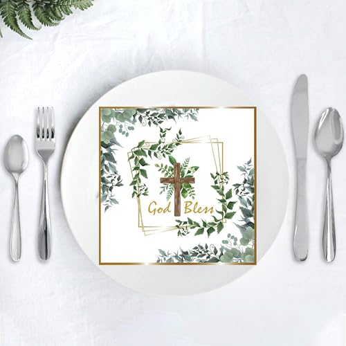 Sage Green Cross First Communion Napkins 24 Pcs Disposable Paper