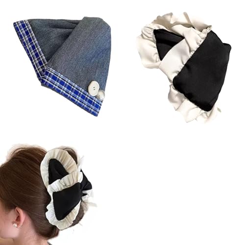 iRIIRIO 2pcs Cloth Covered Large Hair Claw Clips with Bow and Ruffled Edge