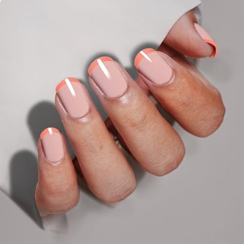 Vneffabler Short French Peach Press On Nails Glossy Square Fake Nails Kit