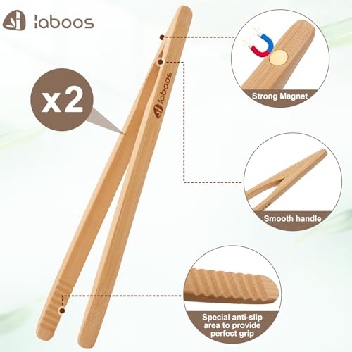 Magnetic Bamboo Toast Tongs - 8" Cooking Utensils Set of 2