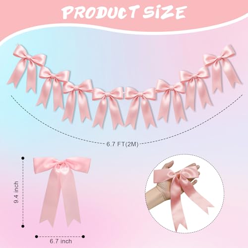 Baby Pink & Blue Bow Garland Banner - 16PCS Pre-Strung Decor