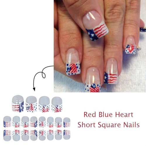4th of July Press on Nails Short Square French Tip Fake Nails