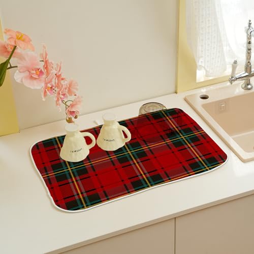 Christmas Dish Drying Mat 18x24 Inch Buffalo Plaid - Red, Green & Floral Variation