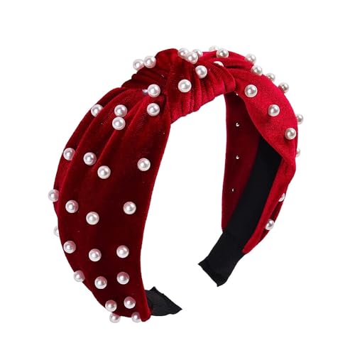 Red Knotted Headband with Pearls and Gold Accents