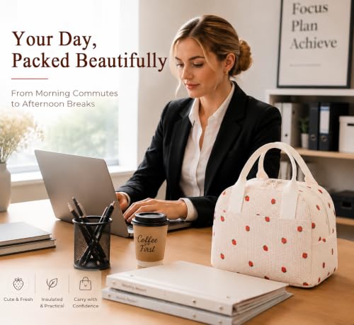 Cute Strawberry Insulated Lunch Bag for Women - Durable Corduroy Tote