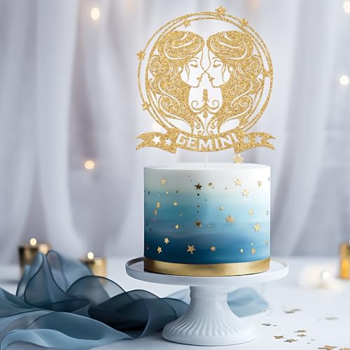 Gold Glitter Gemini Cake Topper for Zodiac Birthday Parties