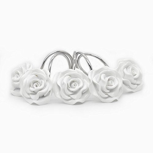 BEAVO White Rose Shower Curtain Hooks - Set of 12 Rustproof Rings