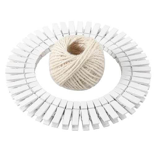 Pack of 100 White Mini Colored Wooden Clothespins with Jute Rope