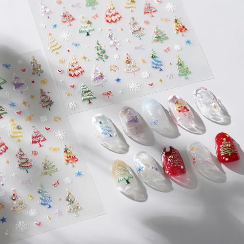 SHUXILIN 5D Embossed Christmas Tree Nail Stickers Self-Adhesive Holiday Decals