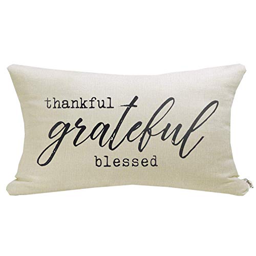 Thankful Grateful Blessed Farmhouse Lumbar Pillow Cover 12x20 Linen
