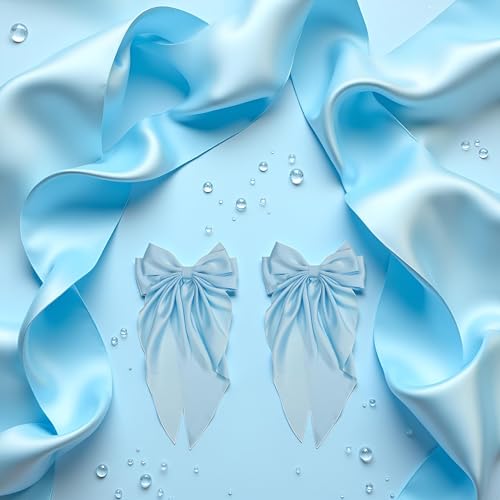 Satin Bow Hair Clip Set - Jumbo Light Blue Hair Barrette with Long Tails