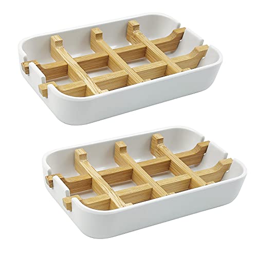 2 Pack Bamboo Soap Dish - Self-Draining Natural Wooden Bar Soap Holder (White)