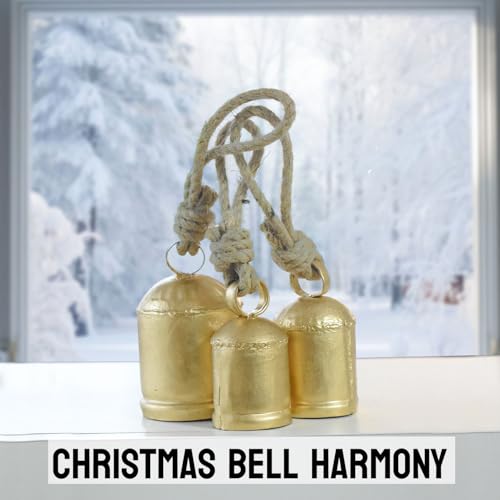 Christmas Hanging Large Cow Bells - Rustic Golden Metal Bells for Farmhouse, Garden & Holiday Décor (Medium 5”4”3” Inch)