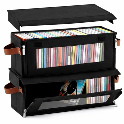 Windyun Stackable CD Storage Box, 2-Pack, Holds 74 CDs with Window & Zipper