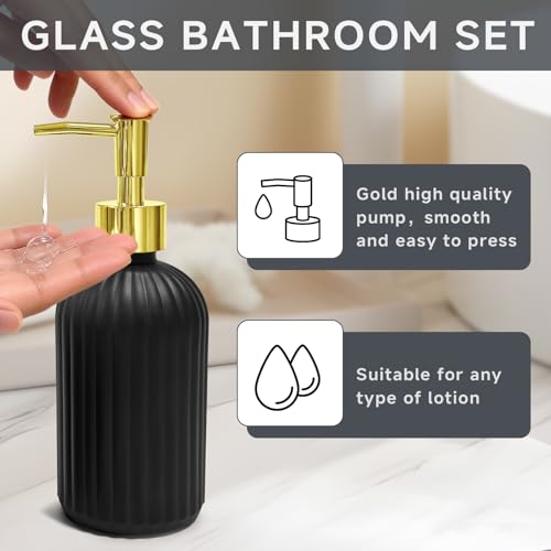Black Glass Bathroom Accessory Set - Soap Dispenser & Toothbrush Holder
