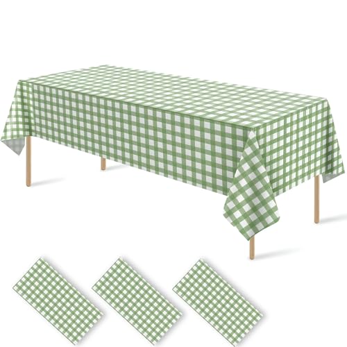 Docoper 3 Pack Sage Green Gingham Disposable Tablecloths, 54" x 108"